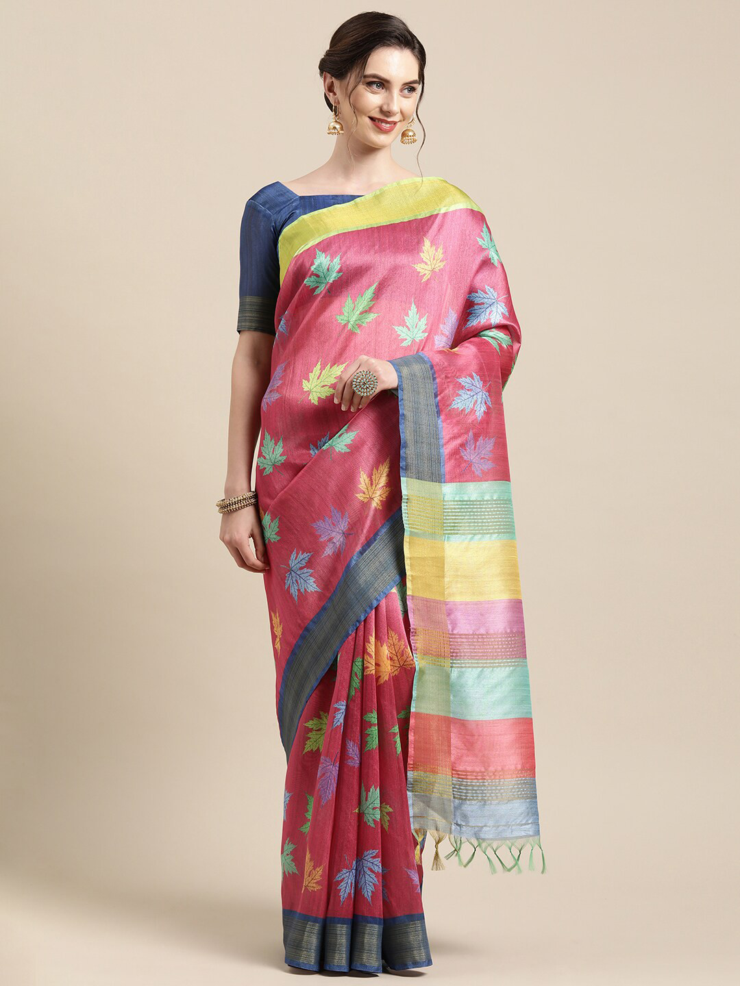 Mitera Pink & Yellow Floral Art Silk Saree