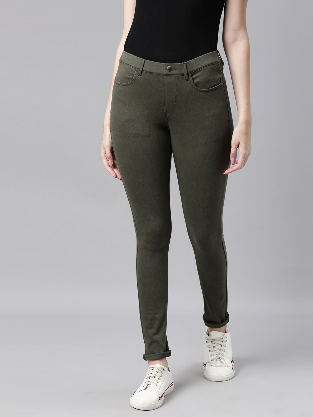 Go Colors Women Olive Green Solid Slim-Fit Super Stretch Cropped Jeggings