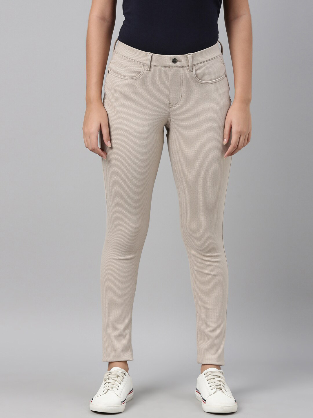 Go Colors Women Beige Striped Super Stretch Slim-Fit Jeggings