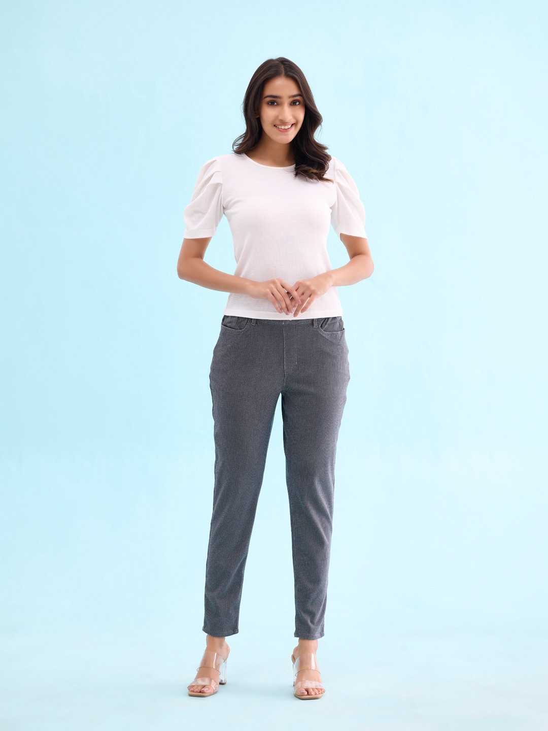 Go Colors Women Grey & Black Striped Slim-Fit Jeggings