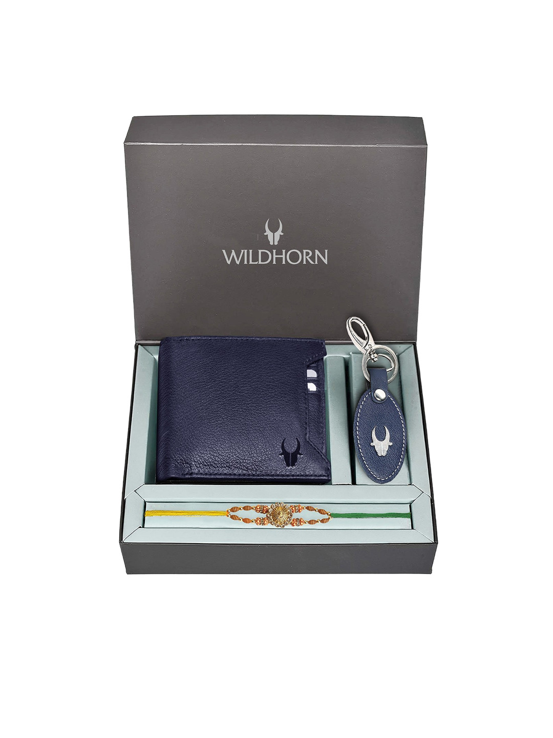WildHorn Men Blue Genuine Leather Rakhi Combo Gift Set