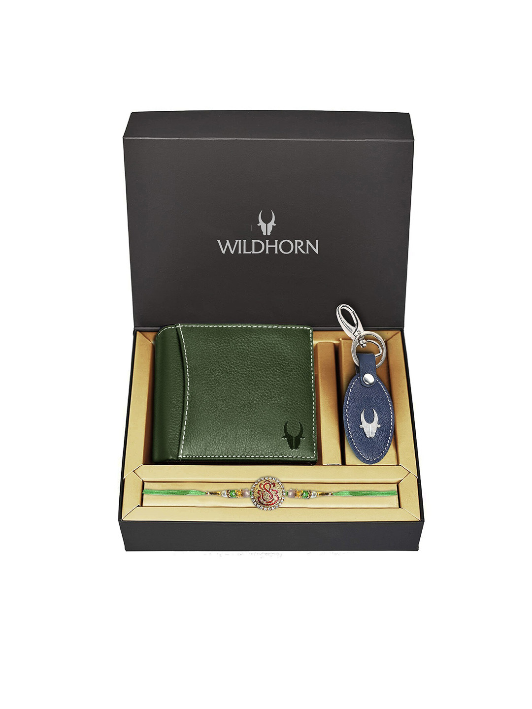 WildHorn Men Green Genuine Leather Rakhi Combo Gift Set