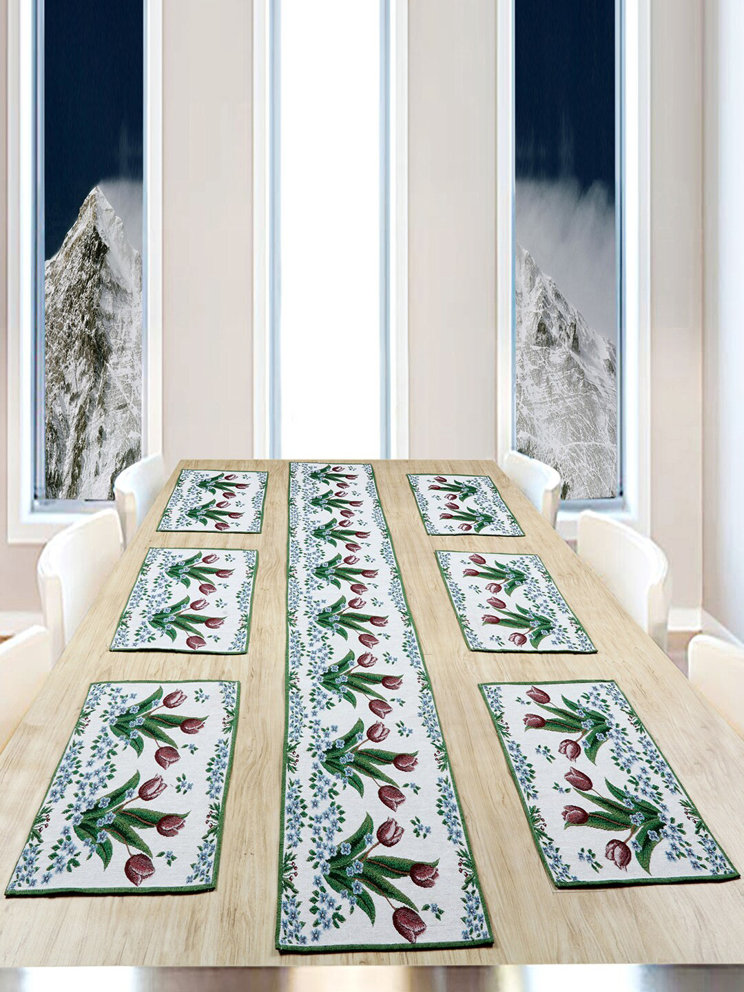 BELLA TRUE Set Of 6 White & Green Rose Printed Jacquard Table Placemats With Runner