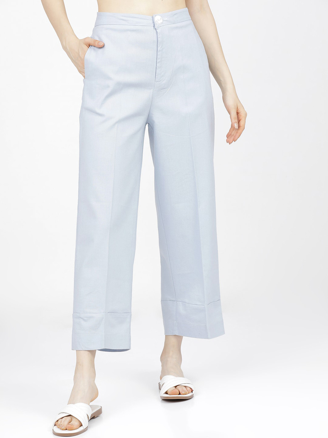 Tokyo Talkies Women Blue Parallel Cotton Wide Leg Trousers