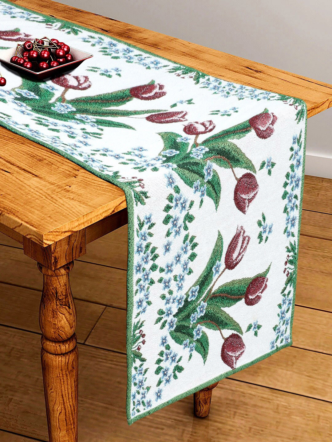 BELLA TRUE White & Green Rose Printed Cotton Rectangular Table Runner