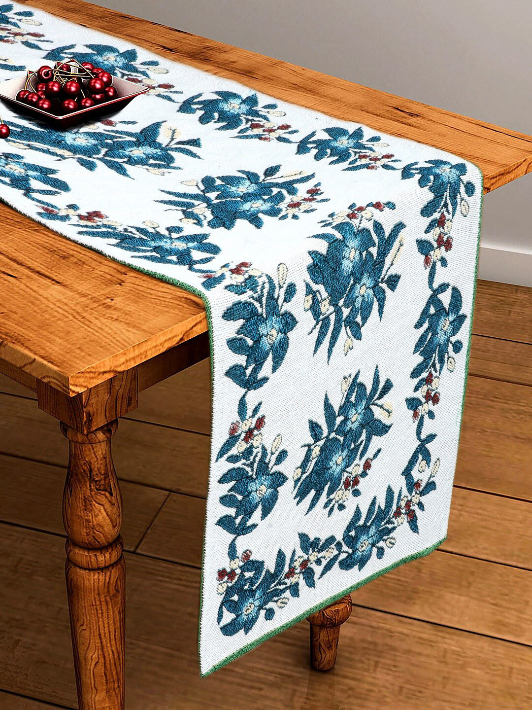 BELLA TRUE White & Teal Blue Flower Printed Cotton Table Runner