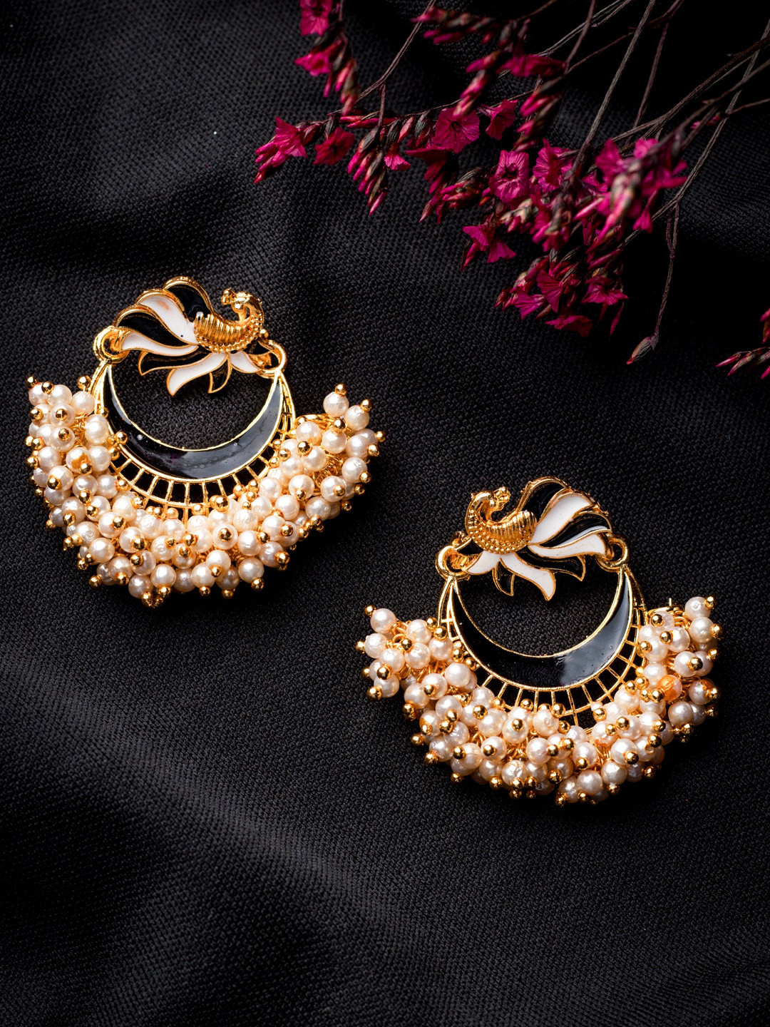 MORKANTH JEWELLERY Black Gold-Toned Pearl Beaded Enamel Peacock Shaped Chandbali Earring