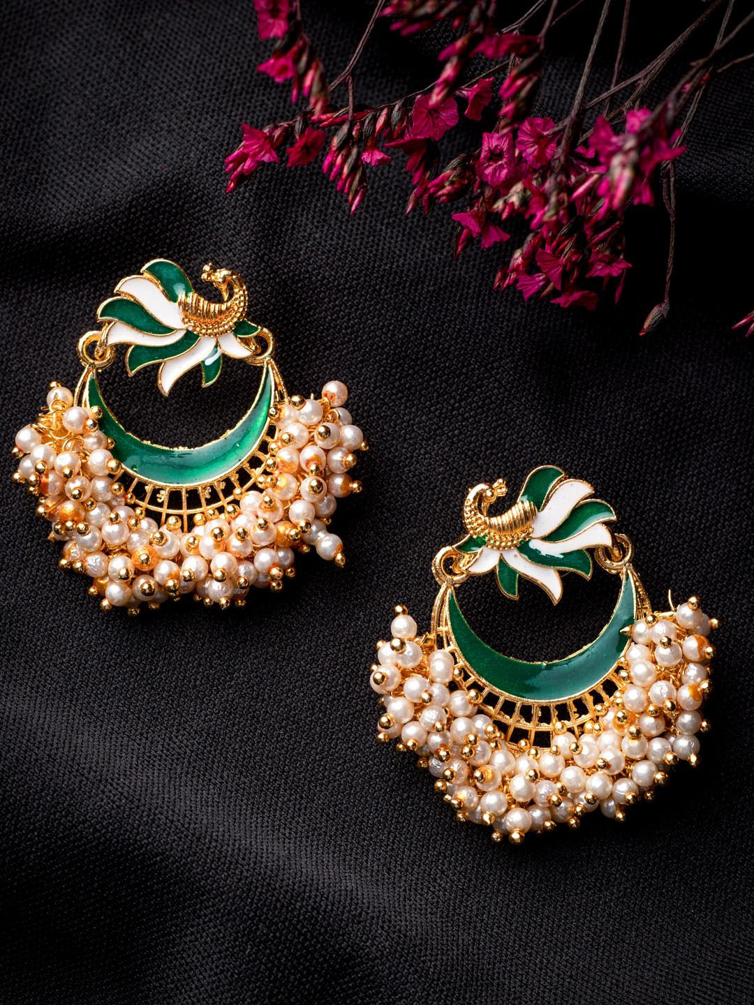 MORKANTH JEWELLERY Green Gold-Toned Pearl Beaded Enamel Peacock Shaped Chandbali Earring