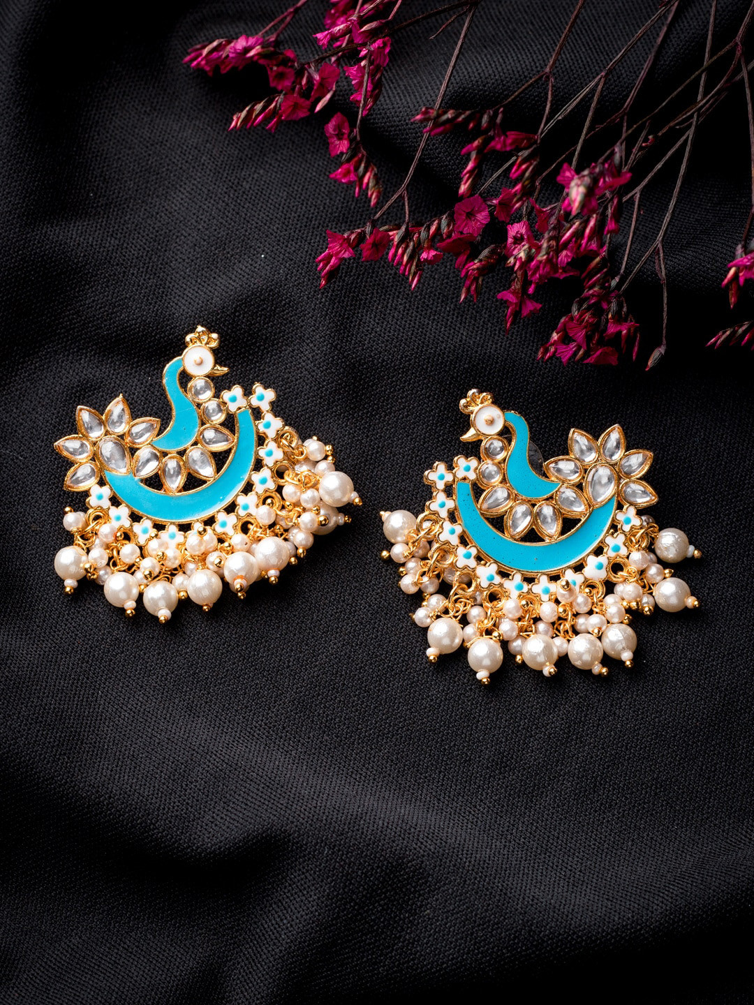 MORKANTH JEWELLERY Blue Gold-Toned Pearl Beaded Enamel Peacock Shaped Chandbali Earring