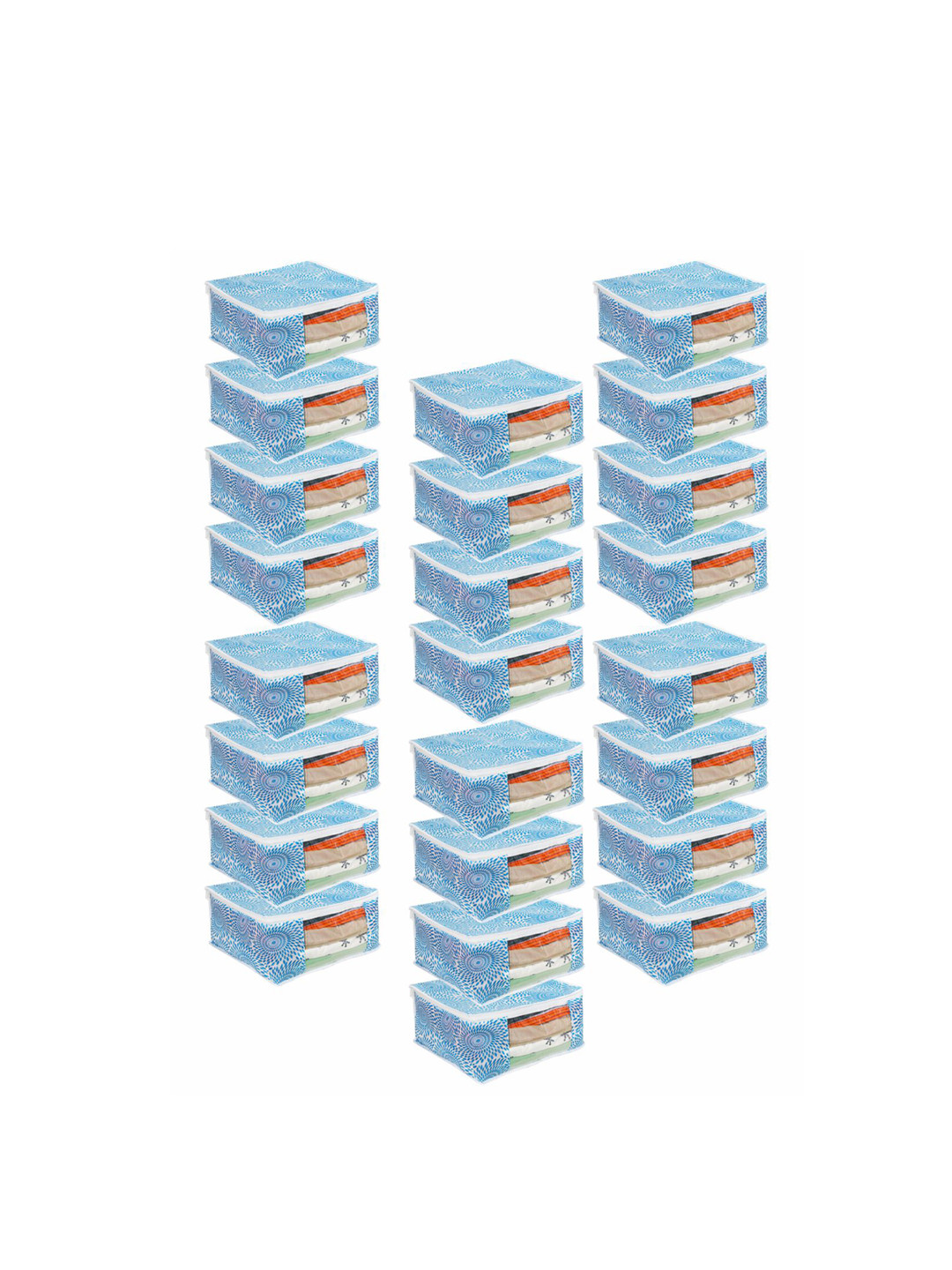 prettykrafts Set Of 24 White & Blue Printed Saree Organizers With Transparent Window