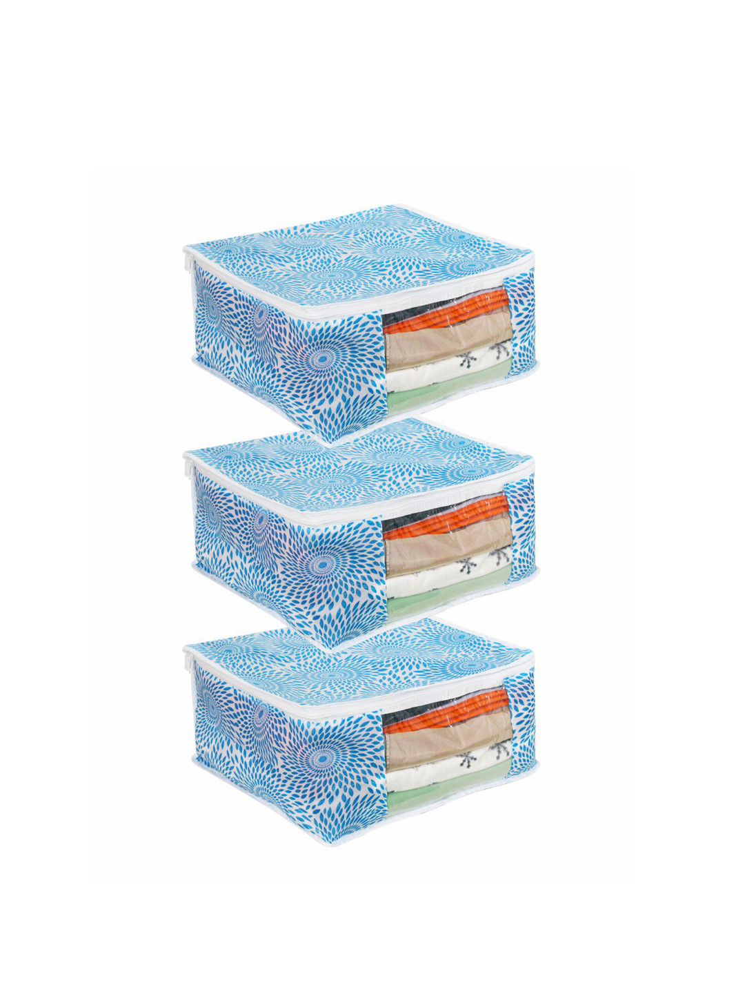 prettykrafts Set Of 3 Blue Printed Saree Organisers With Transparent Window