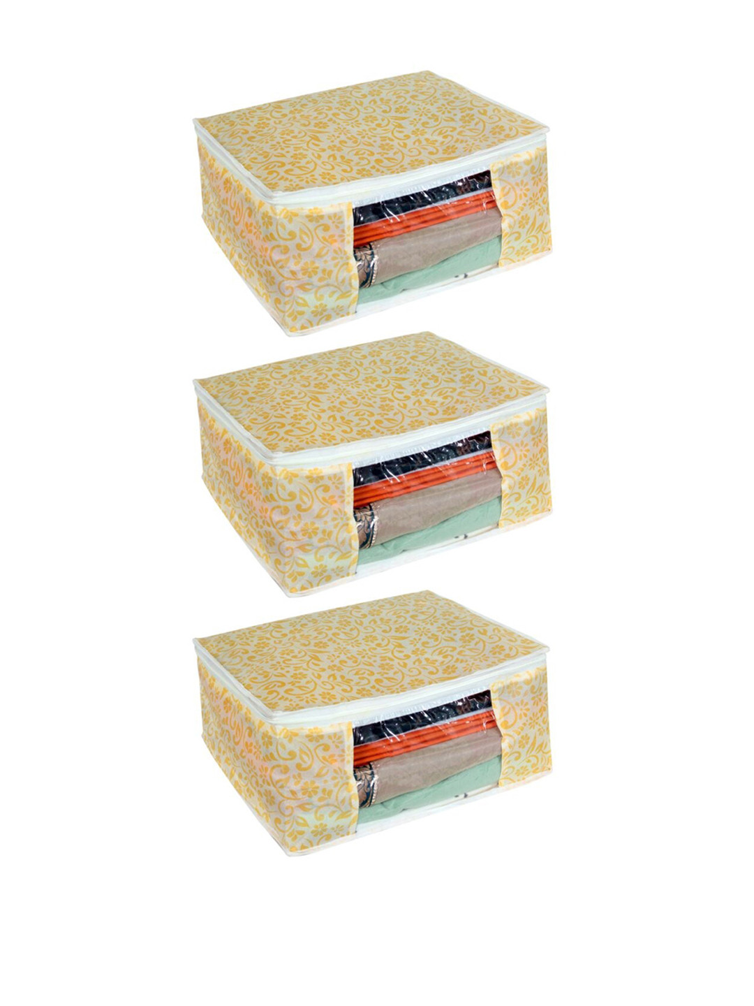 prettykrafts Set Of 3 Yellow Printed Saree Organisers With Transparent Window
