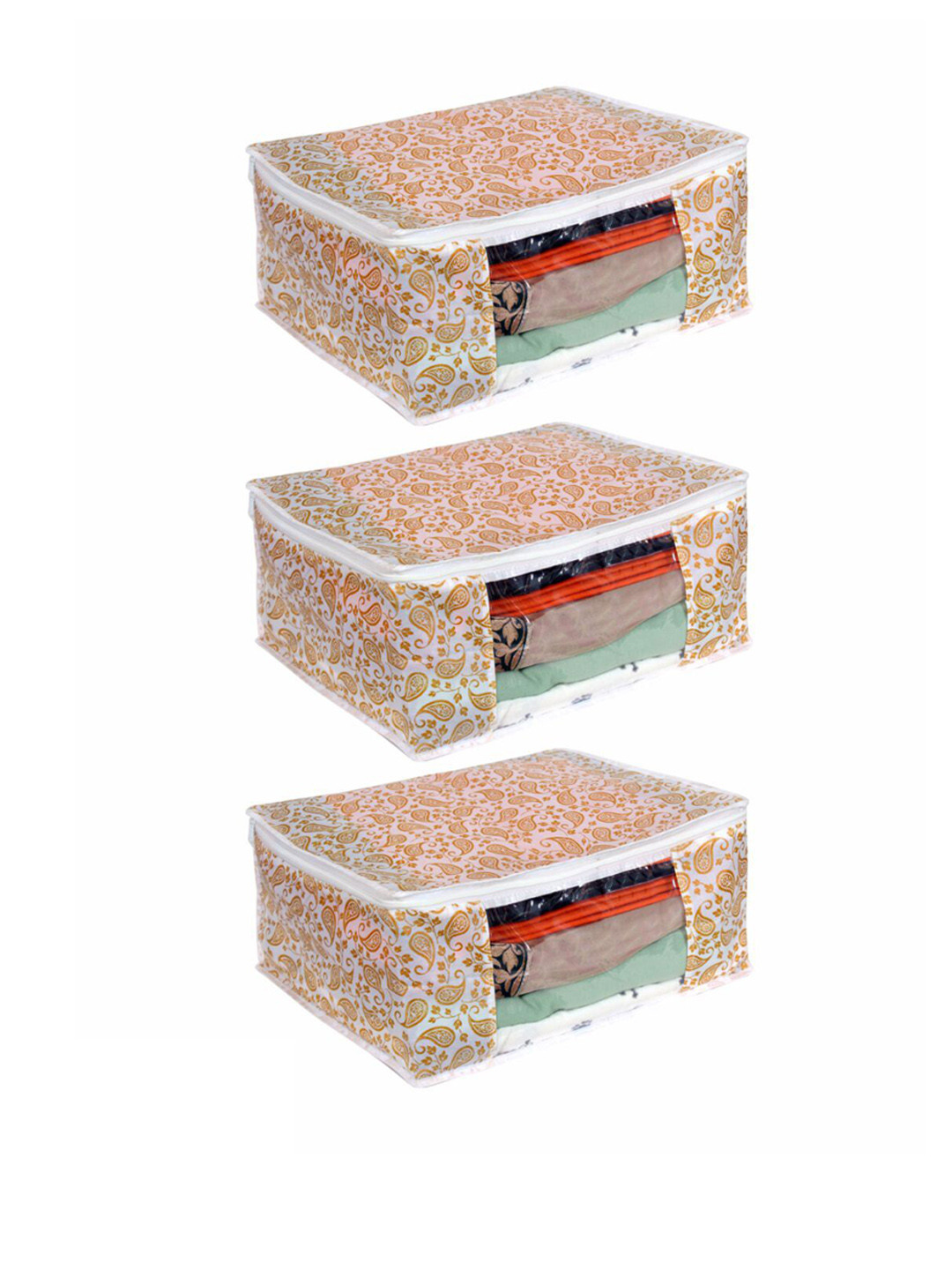 prettykrafts Set Of 3 White & Brown Printed Saree Organizers With Transparent Window