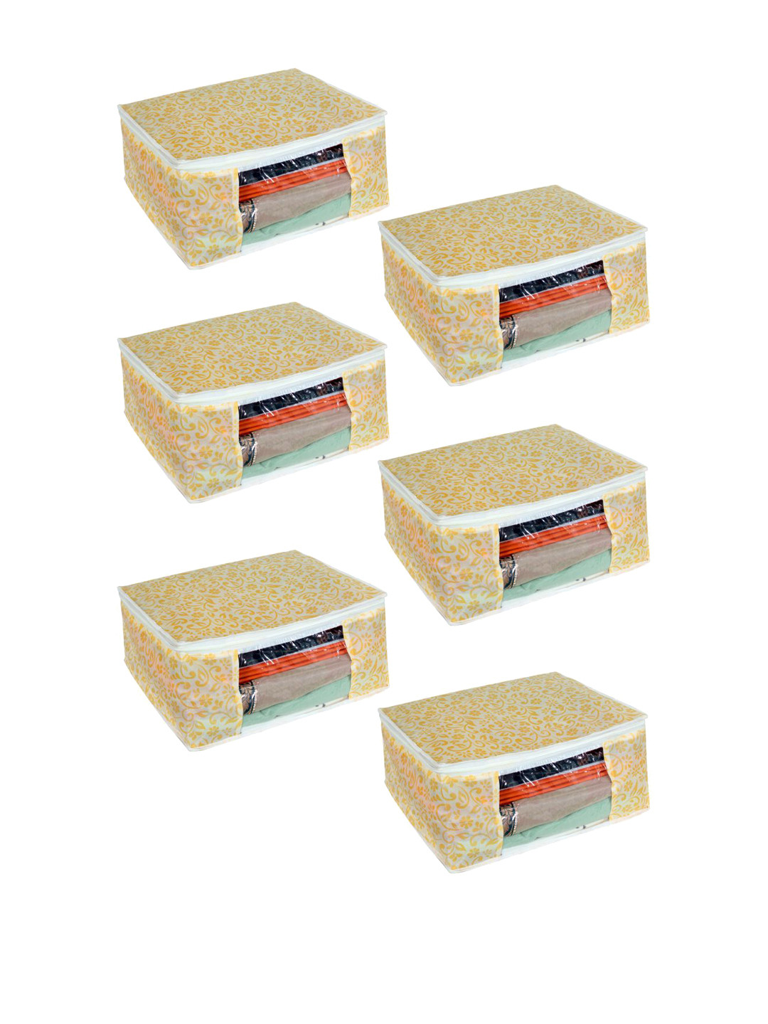 prettykrafts Set Of 6 Yellow & White Printed Saree Organizers With Transparent Window