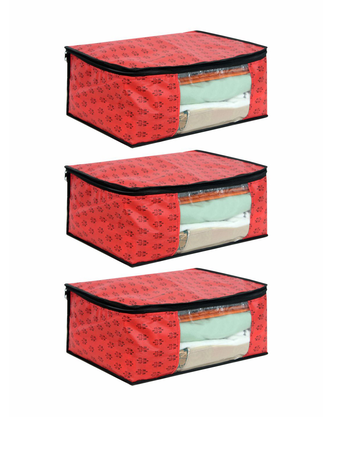 prettykrafts Set Of 3 Red Printed Saree Organisers With Transparent Window