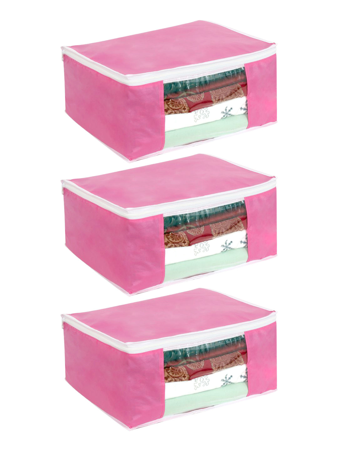 prettykrafts Set Of 3 Solid Saree Organisers With Transparent Window