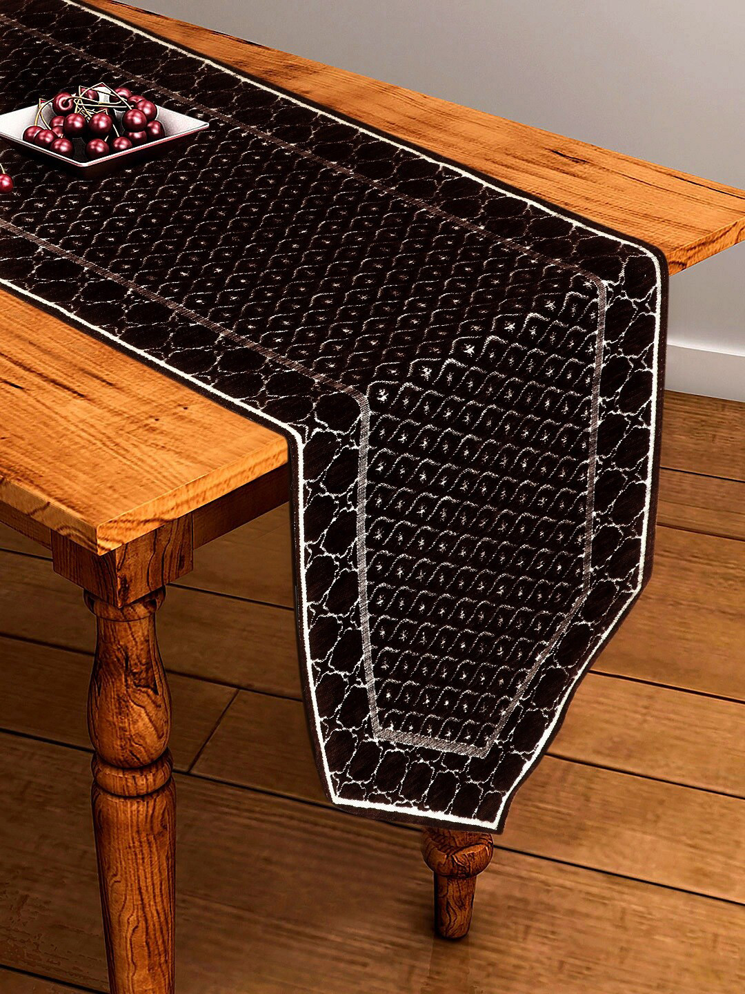 BELLA TRUE Brown & White Embroidered Chennile Table Runner