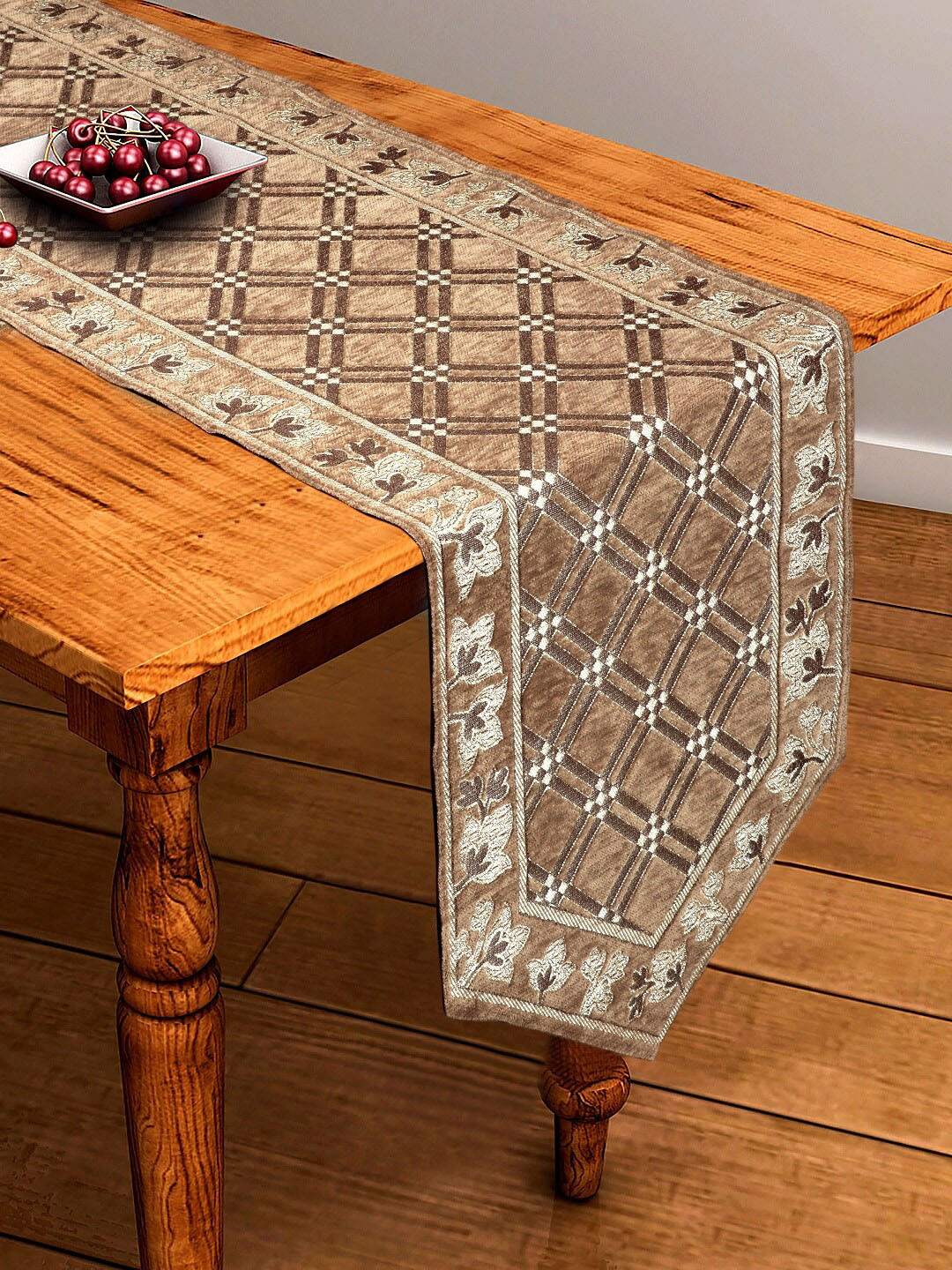 BELLA TRUE Brown & Grey Embroidered Chennile Table Runner