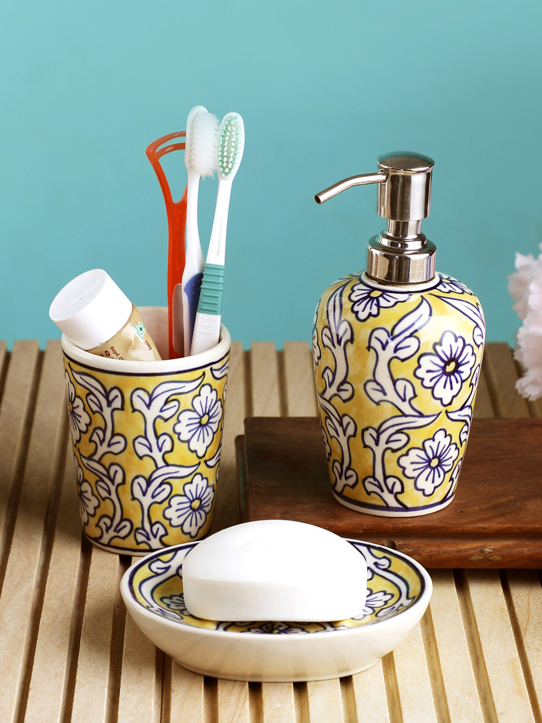 VarEesha Yellow & Blue Floral Printed Ceramic Bathroom Accessories Set