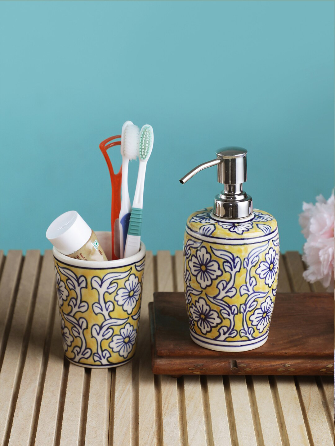 VarEesha Yellow & White Floral Printed Ceramic Bathroom Accessories Set