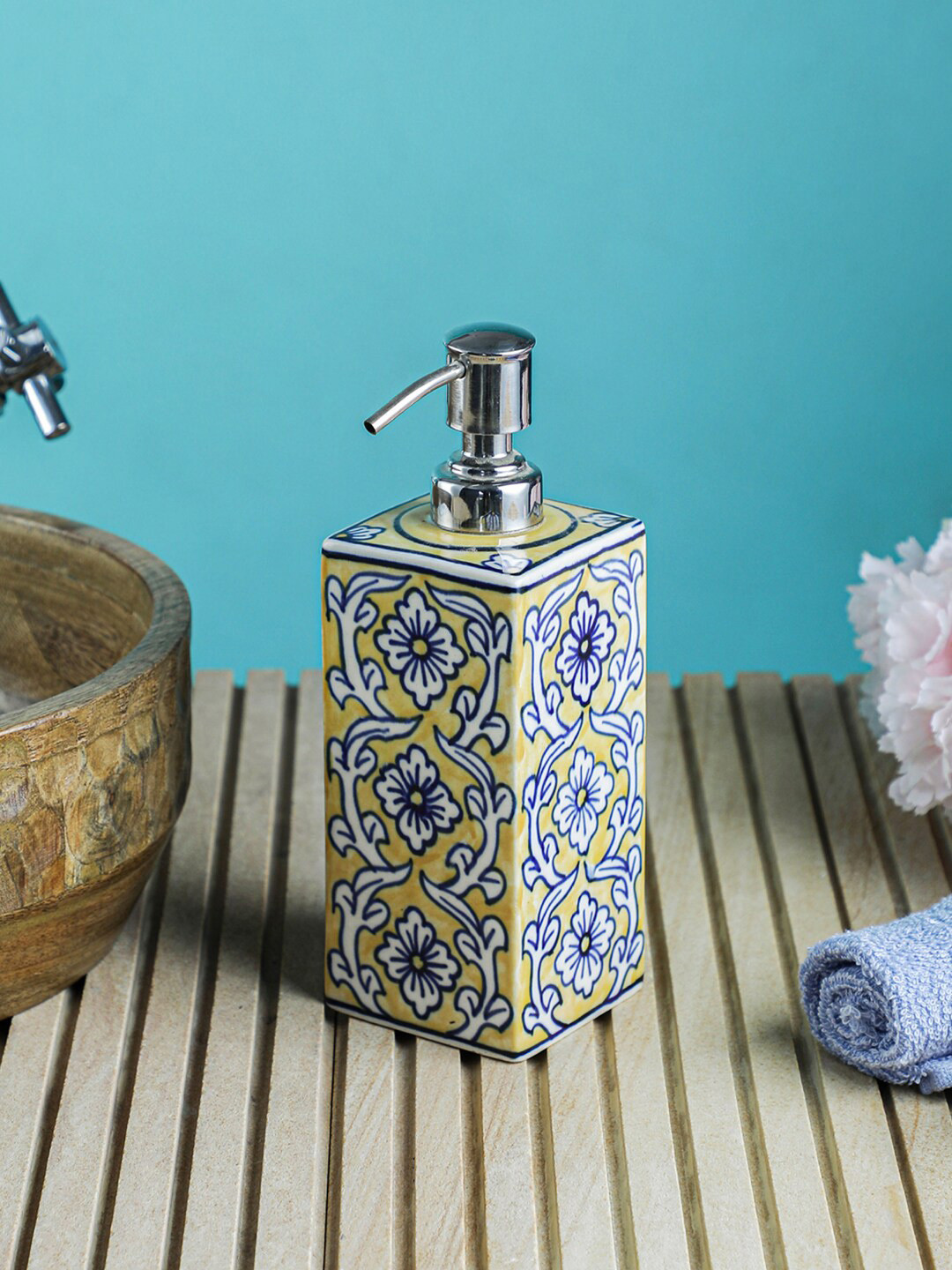 VarEesha White & Yellow Floral Ceramic Rectangular Soap Dispensar