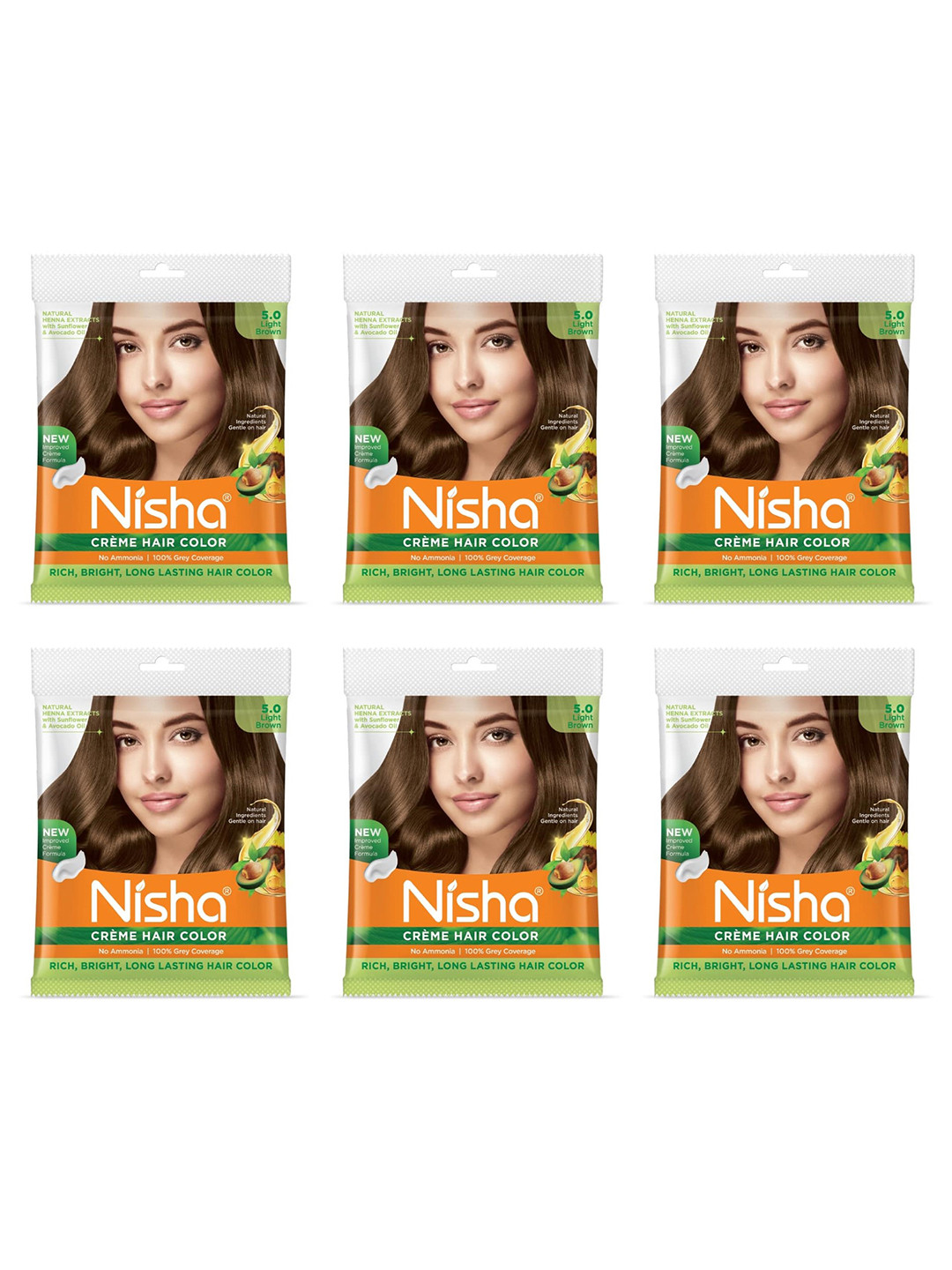 Nisha Pack of 6 Creme Hair Colour 240g - Light Brown