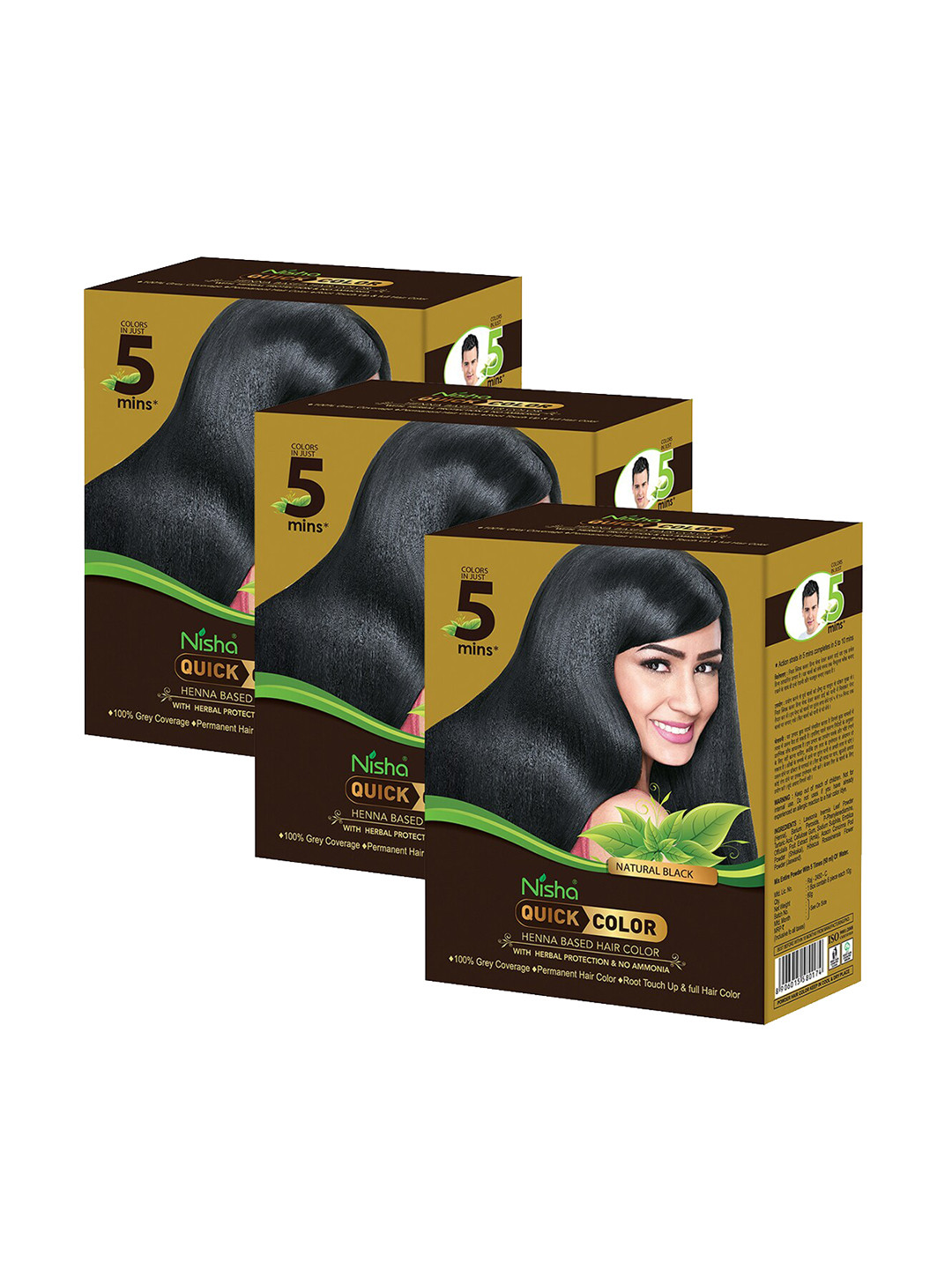 Nisha Set of 3 Quick Henna Based Hair Color 180gm - Natural Black