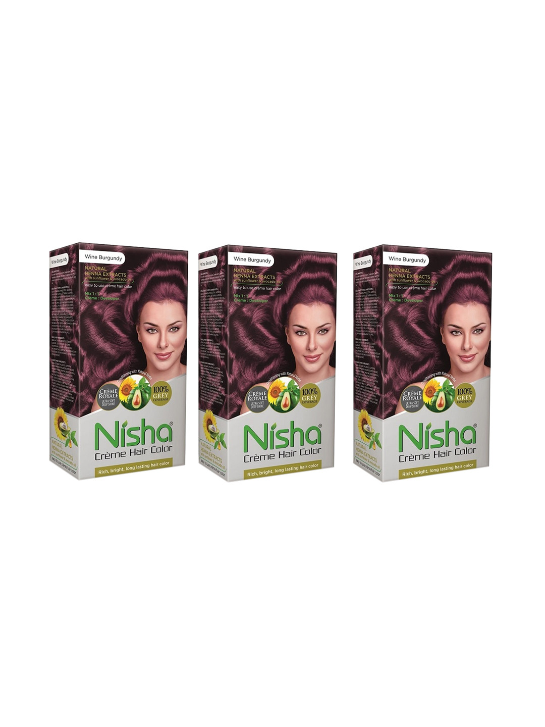Nisha Unisex Burgundy Pack of 3 Creme Hair Color 120gm each- Wine Burgundy