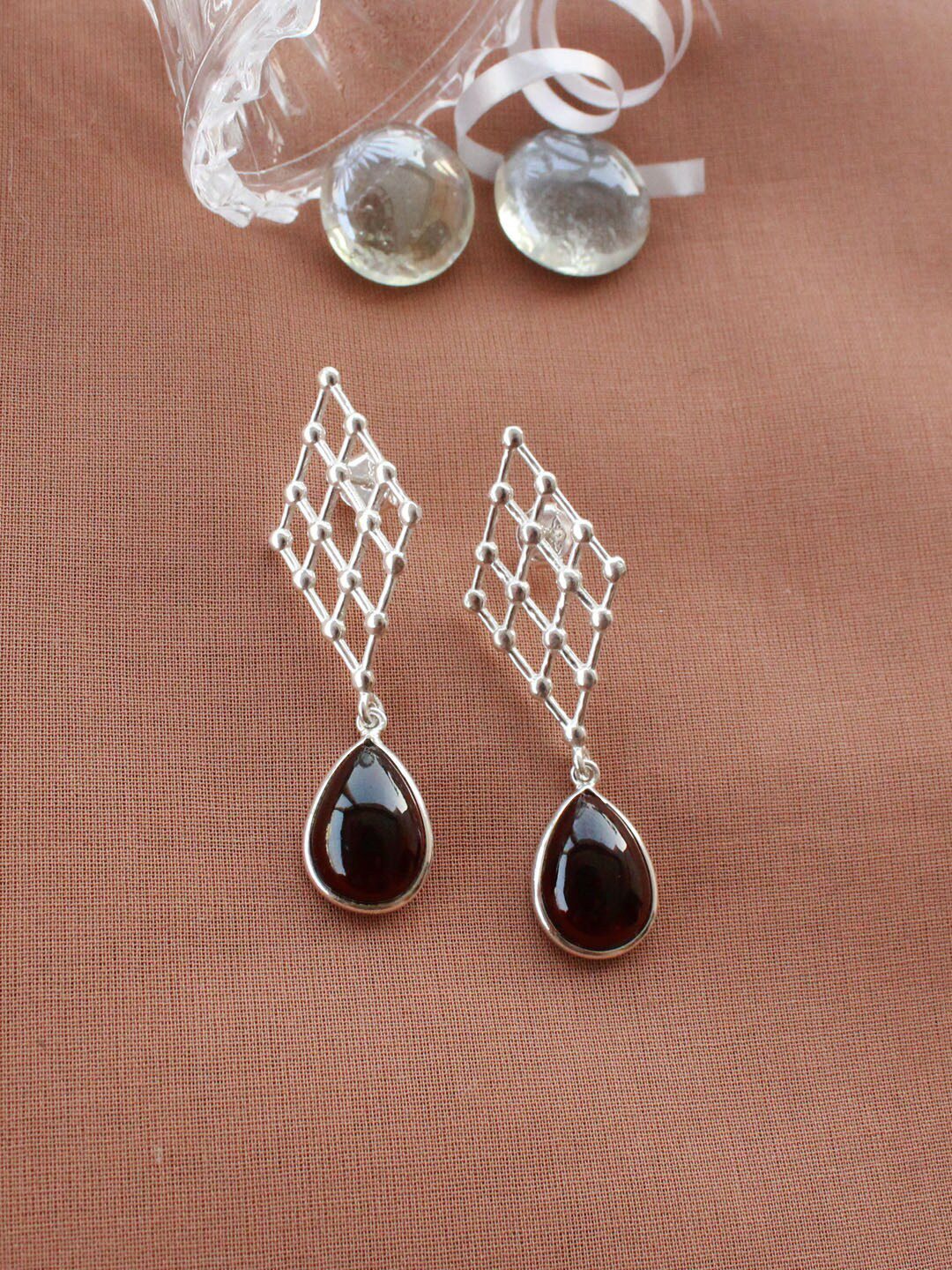 ERILINE JEWELRY Silver Plated Silver & Maroon Triangular Drop Earrings