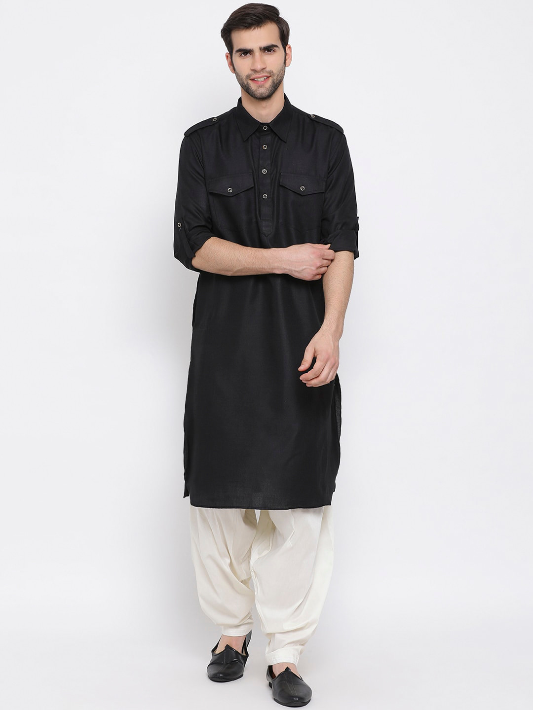 VASTRAMAY Men Black & Cream-Coloured Pathani Kurta with Patiala