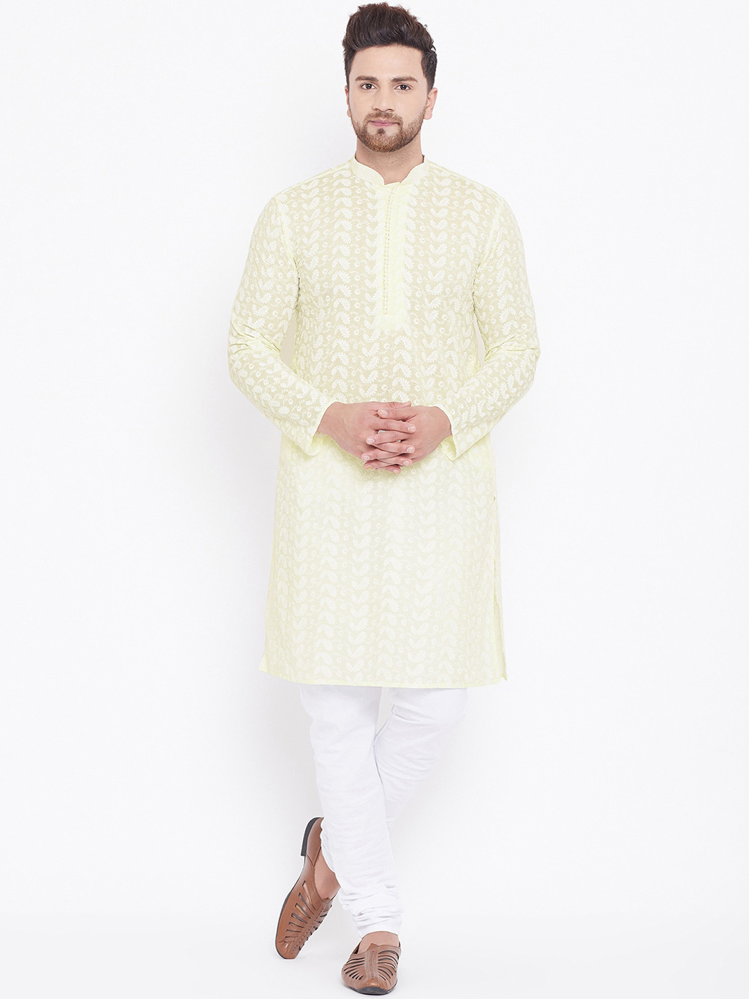 VASTRAMAY Men Yellow & Whiten Chikankari Pure Cotton Kurta with Churidar