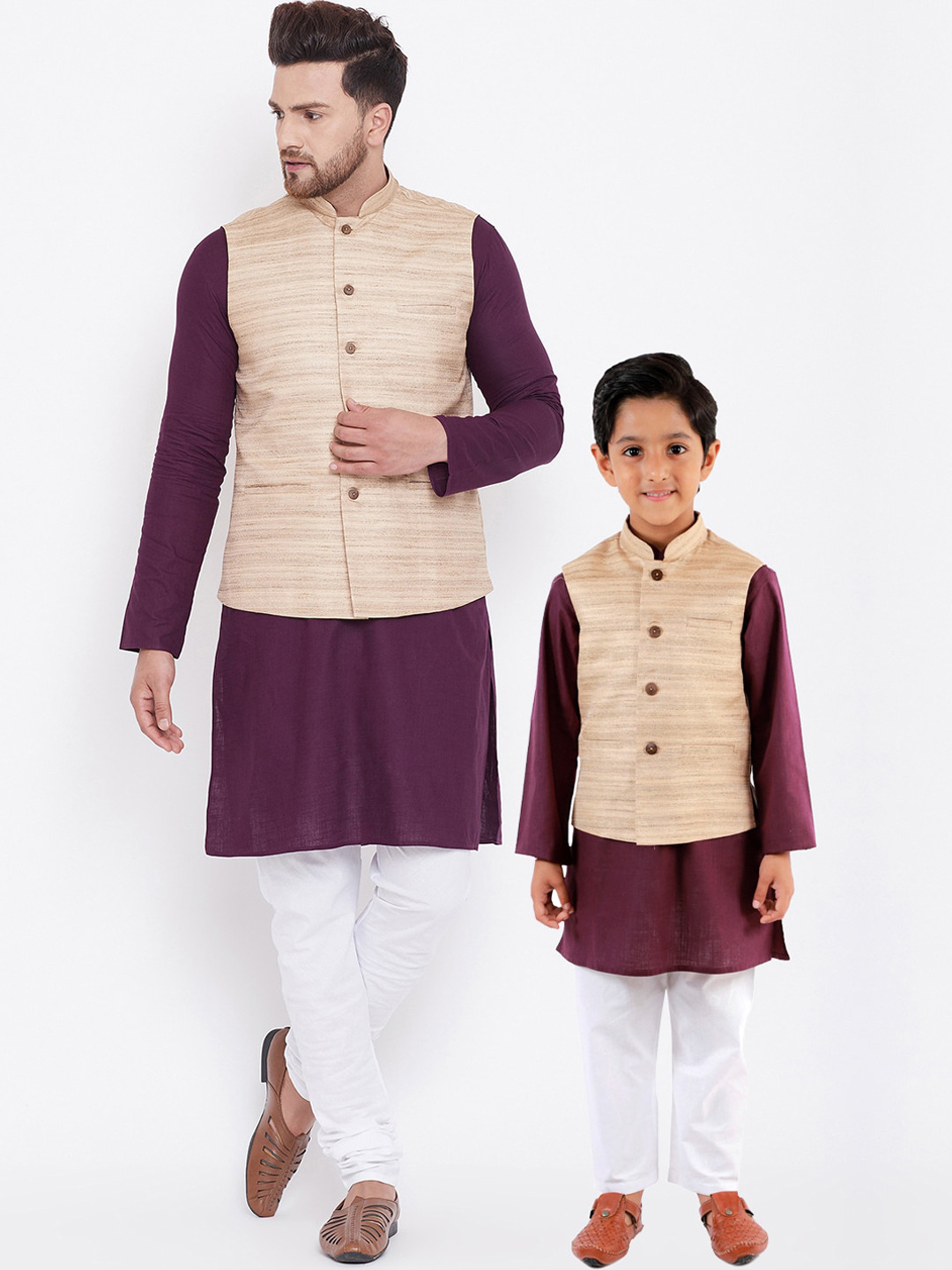 VASTRAMAY Men Purple & White Kurta with Churidar & Jacket
