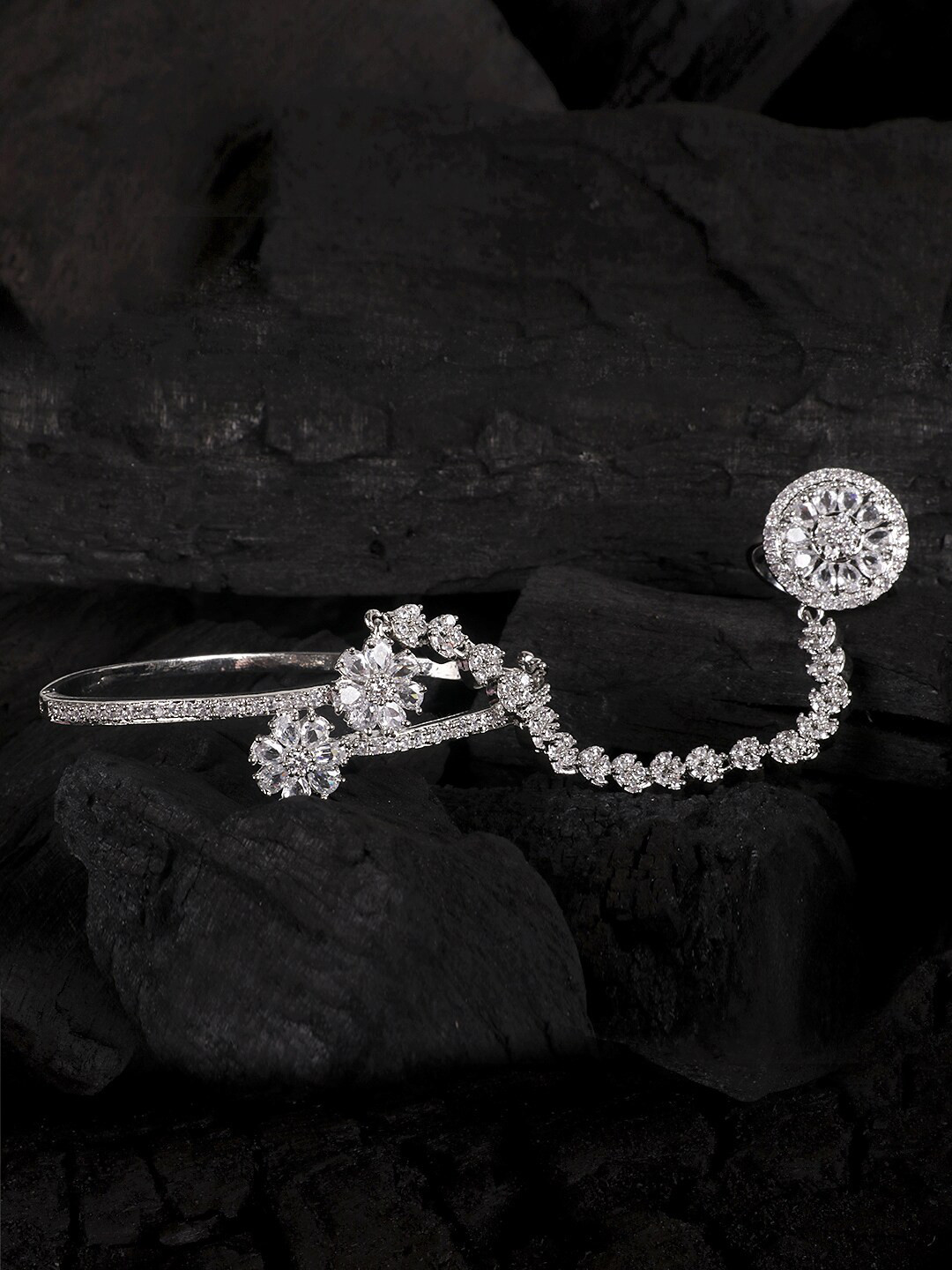 JEWELS GEHNA Women Silver-Toned American Diamond Handcrafted Silver-Plated Ring Bracelet