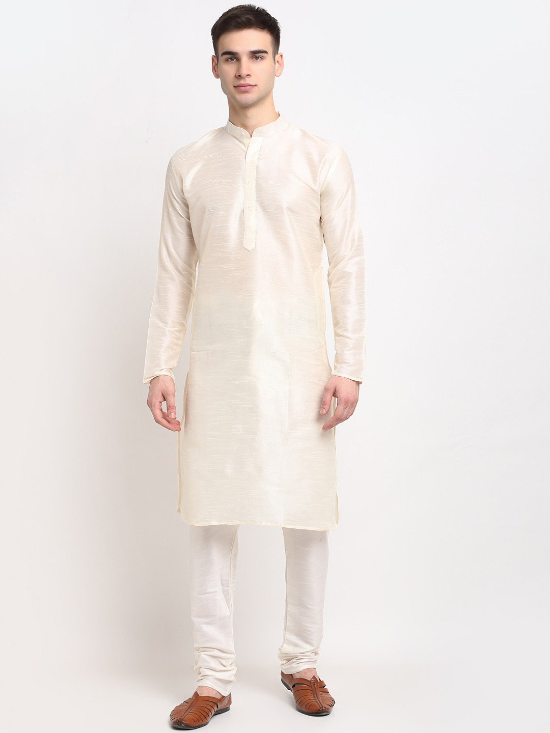 Jompers Men Cream-Coloured Regular Dupion Silk Kurta with Churidar