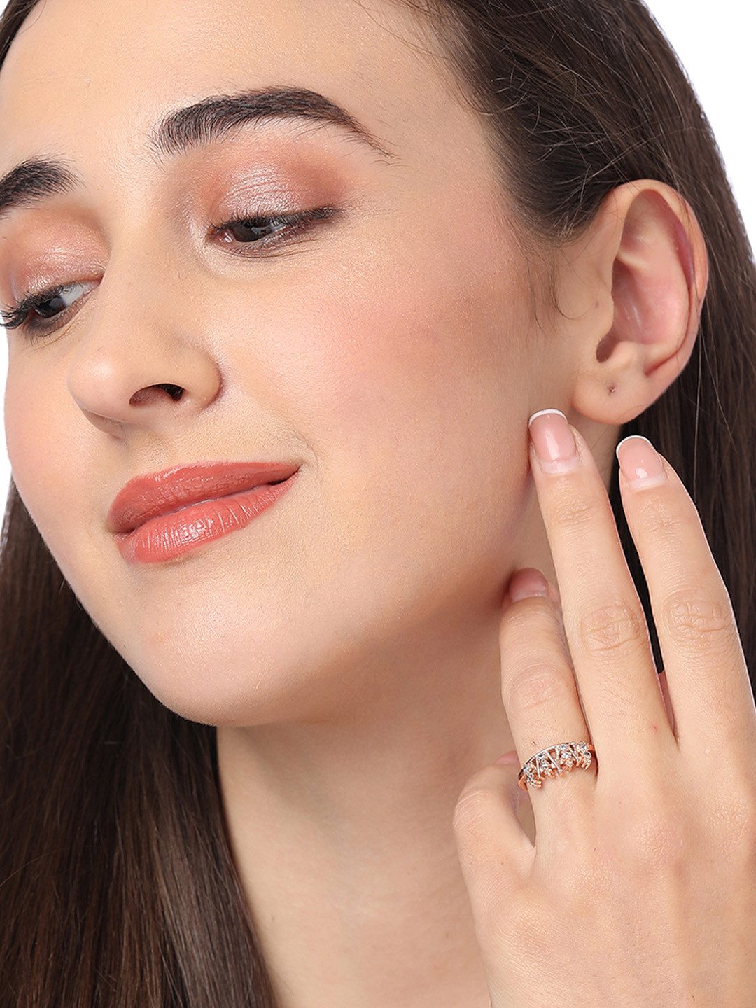 AMI Rose Gold-Plated White CZ-Studded Contemporary Crown Adjustable Finger Ring