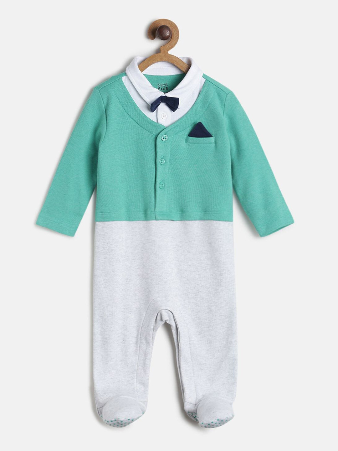 MINI KLUB Infant Boys Sea Green & Grey Melange Colourblocked Pure Cotton Sleepsuit