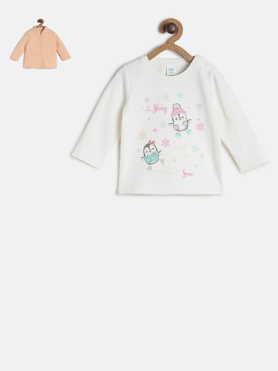MINI KLUB Girls White & Beige Printed T-Shirt With Jacket