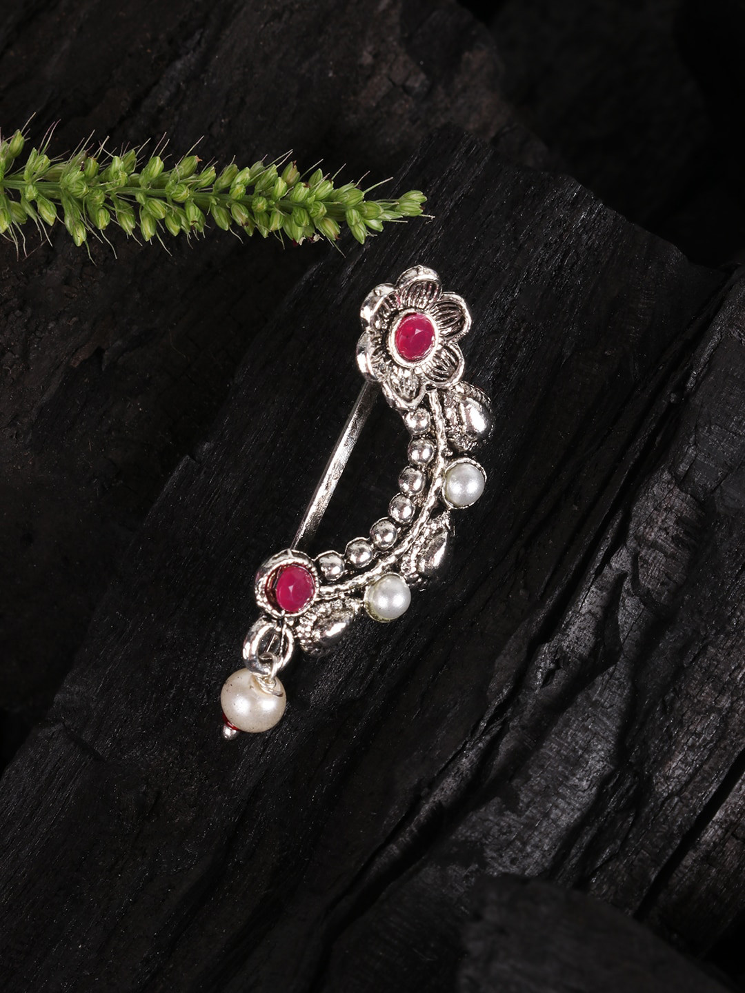 JEWELS GEHNA Oxidised Silver-Plated Pink Stone-Studded & White Beaded Maharashtrian Nath