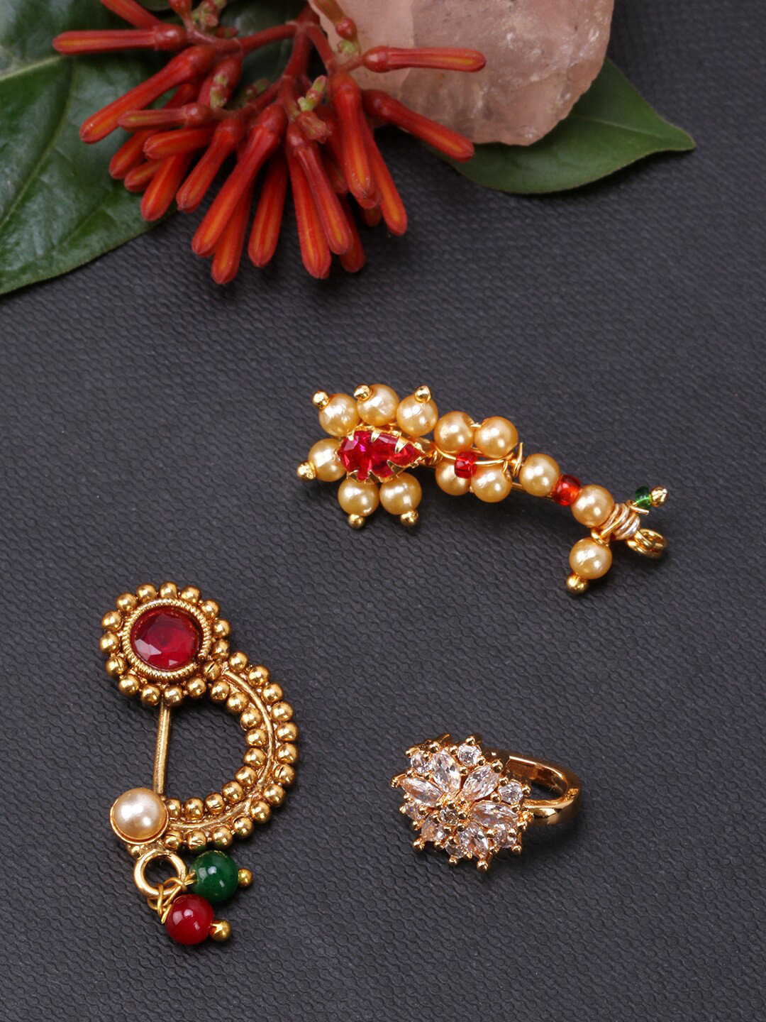 JEWELS GEHNA Set Of 3 Vilandi Gold-Plated & White CZ-Studded & Beaded Nosepins