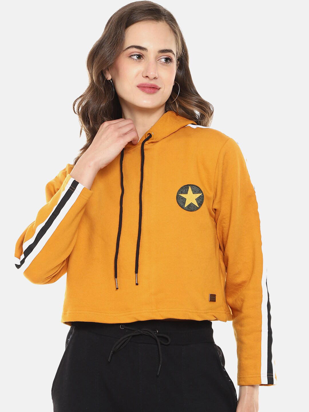 Campus Sutra Women Yellow Side Striped Hooded Sweatshirt