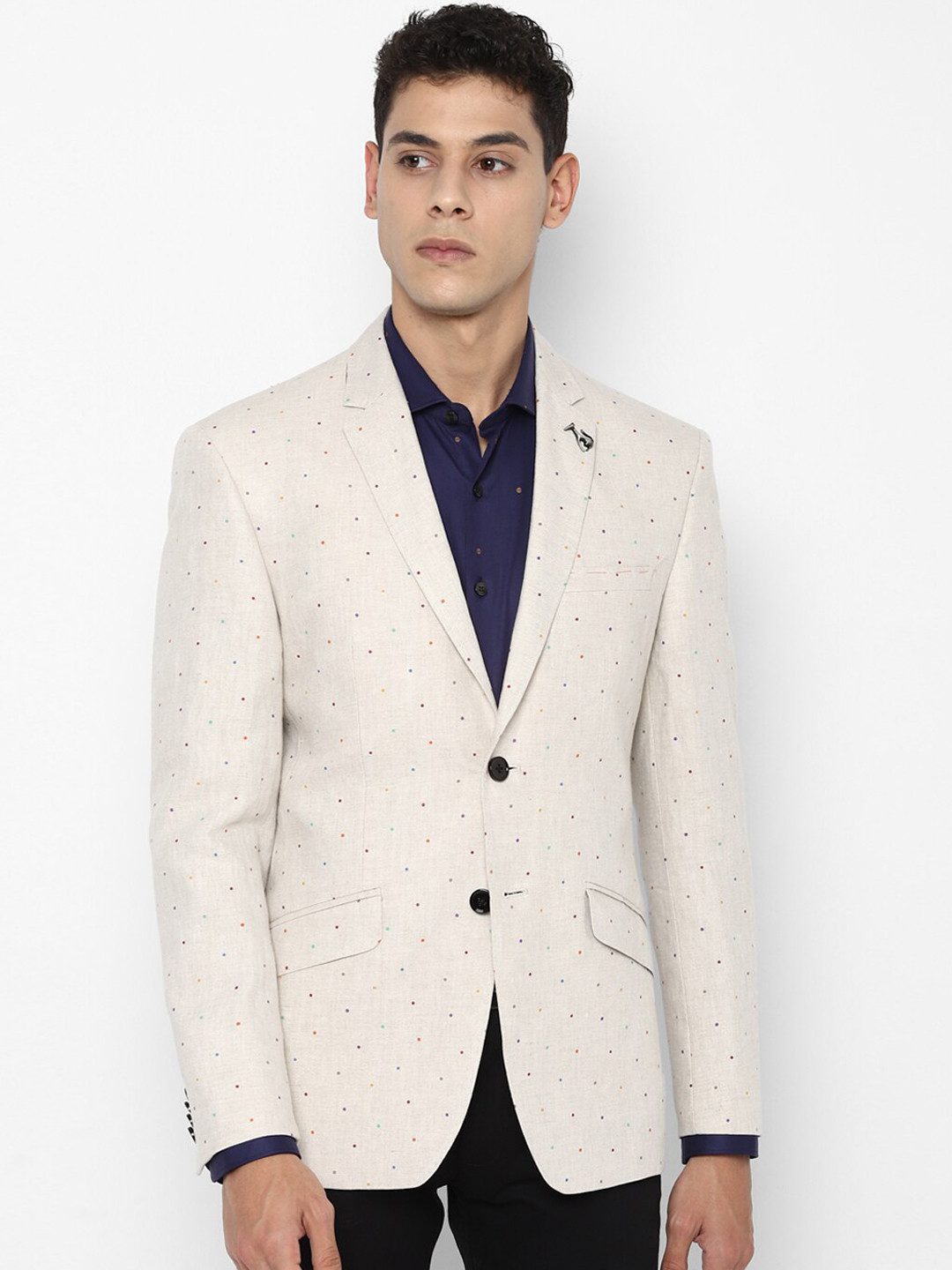 SIMON CARTER LONDON Men Beige Printed Pure Linen Slim-Fit Single-Breasted Formal Blazer