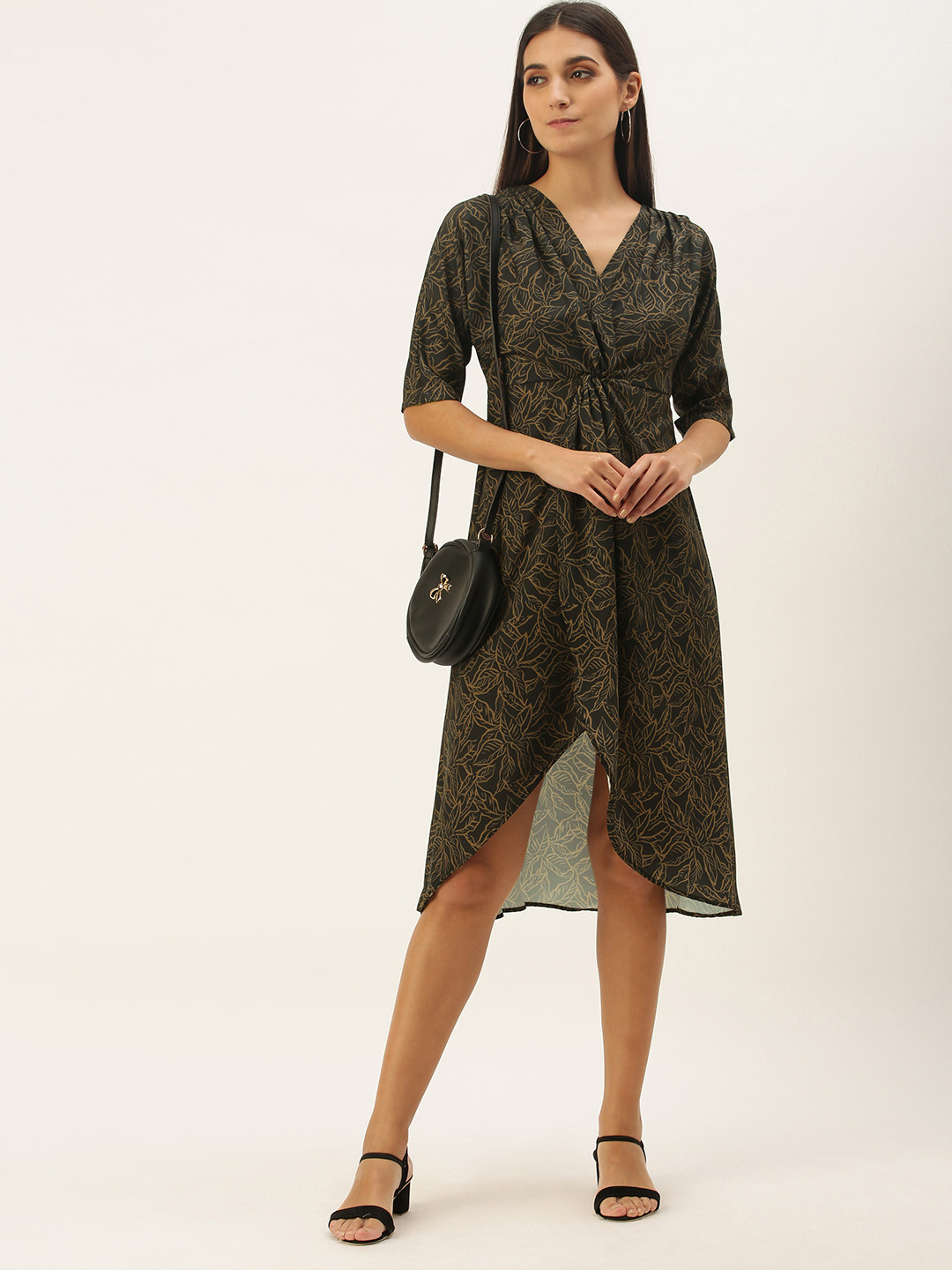 MELOSO Women Black & Brown Floral Print Three-Quarter Sleeves Wrap Dress