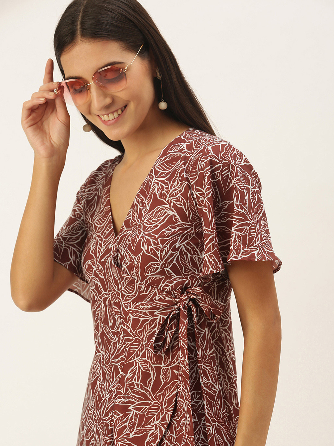 MELOSO Women Rust Red & White Leaves Print Flared Sleeves Wrap Dress