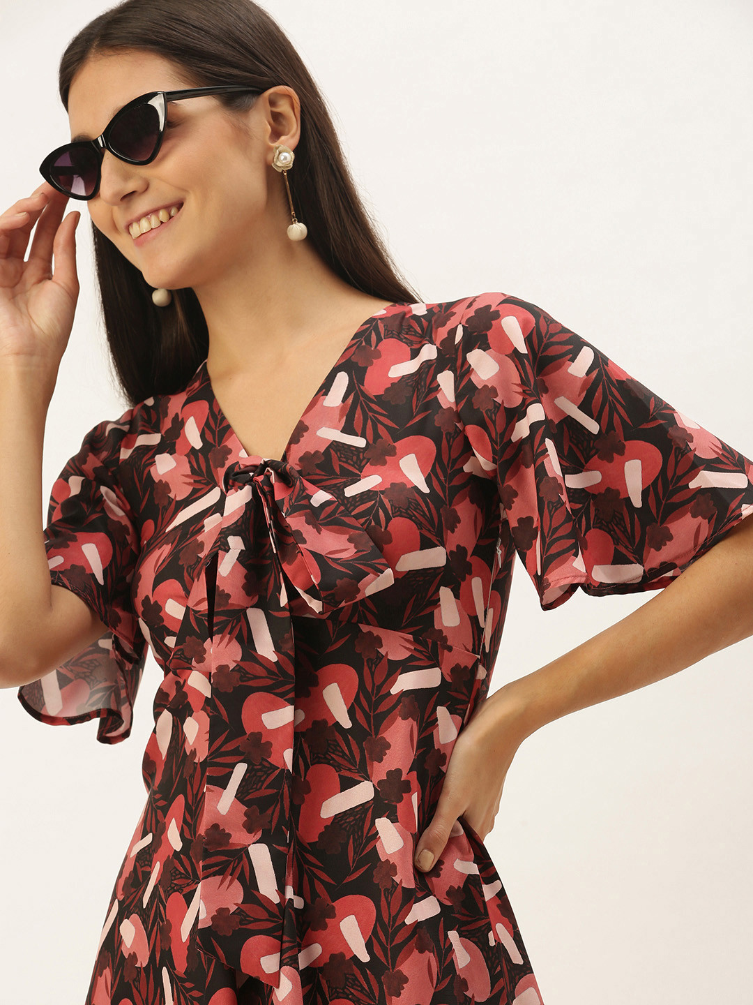 MELOSO Women Black & Red Floral Print Midi Fit and Flare Dress with Tie-up Detail