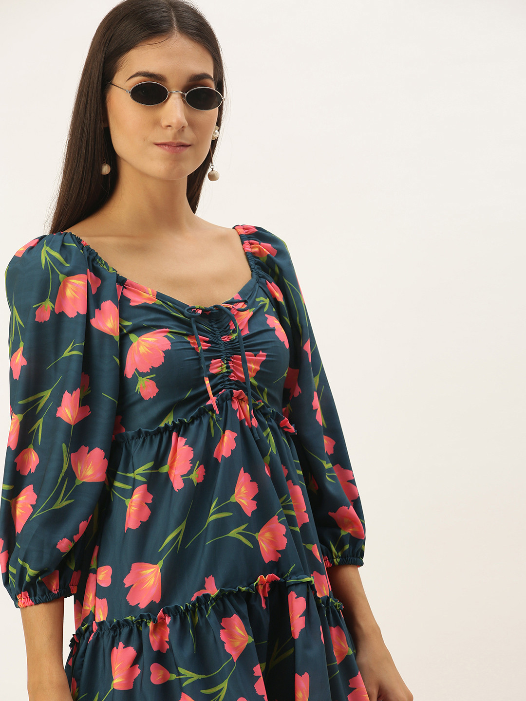 MELOSO Women Teal Blue & Peach-Coloured Floral Print Tiered Fit and Flared Dress