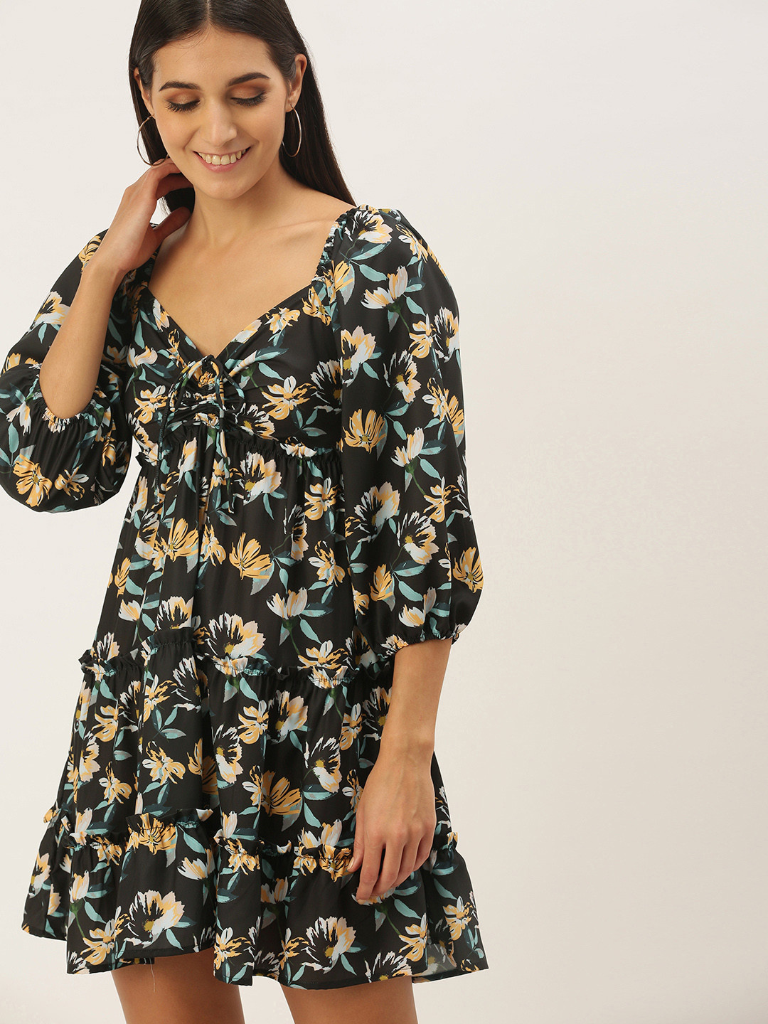 MELOSO Women Black & Yellow Floral Print Tiered Fit and Flare Dress