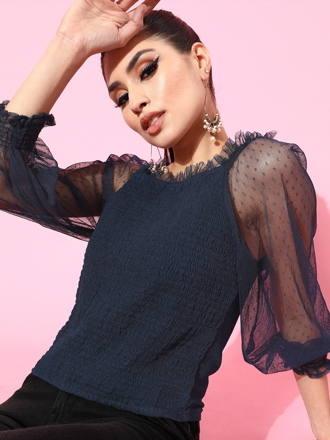 SCOUP Women Deep Navy Blue Self Design Top