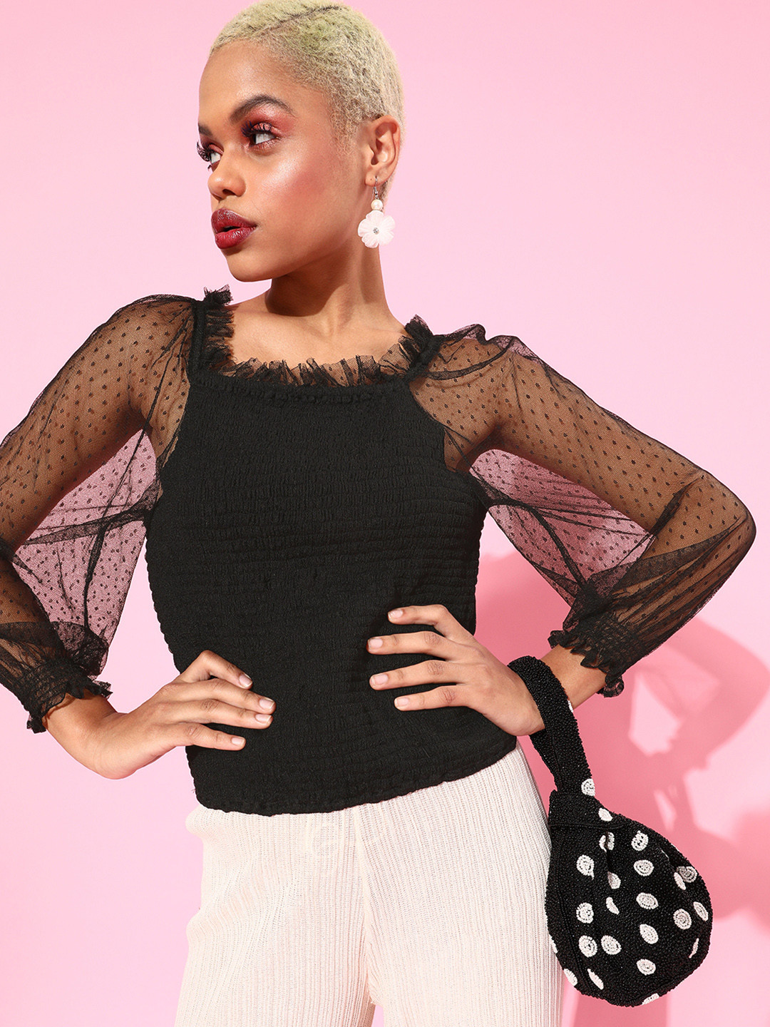 SCOUP Women Stylish Black Self Design Top