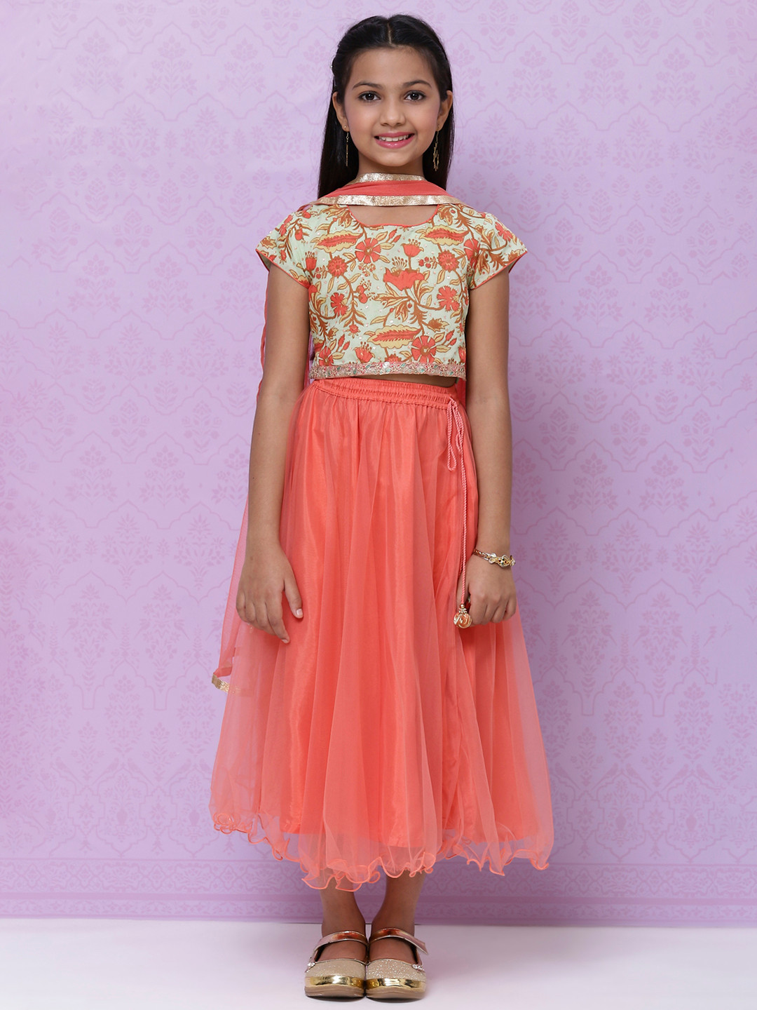 Biba Girls Peach-Coloured & Green Floral Print Ready to Wear Lehenga & Blouse with Dupatta