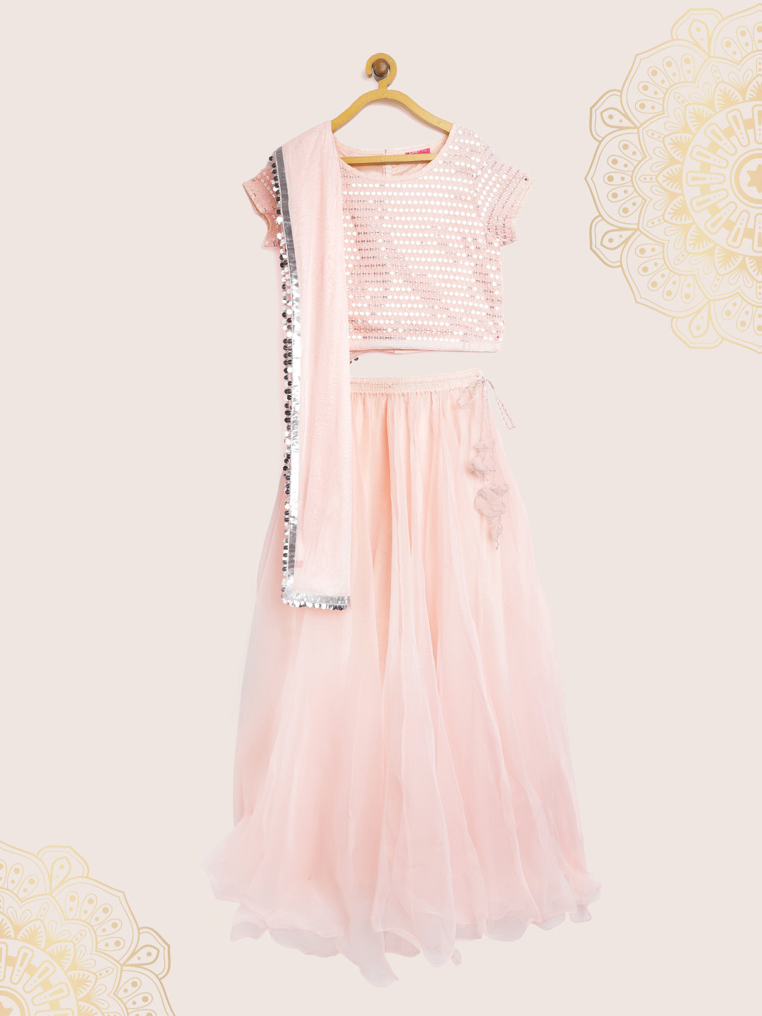 Biba Girls Pastel Pink & Silver Sequinned Ready to Wear Lehenga & Blouse With Dupatta